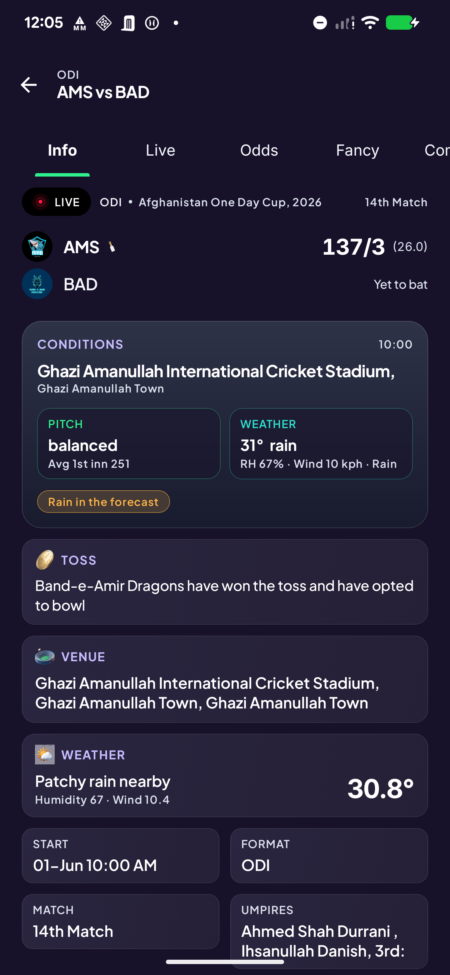 Match info screen